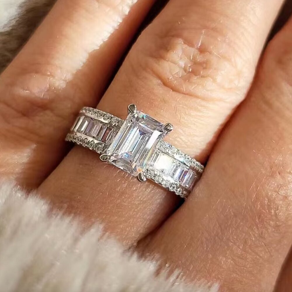 14k White Gold Diamond Ring Baguette & Emerald Cut Ring Band
